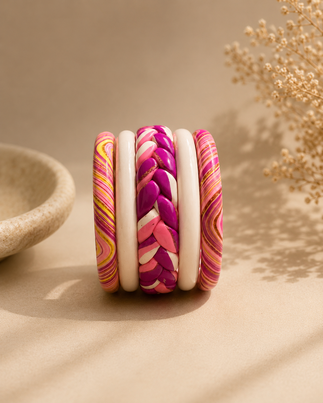 Pink Blossom Pure Lac Bangle Stack – Set of 5