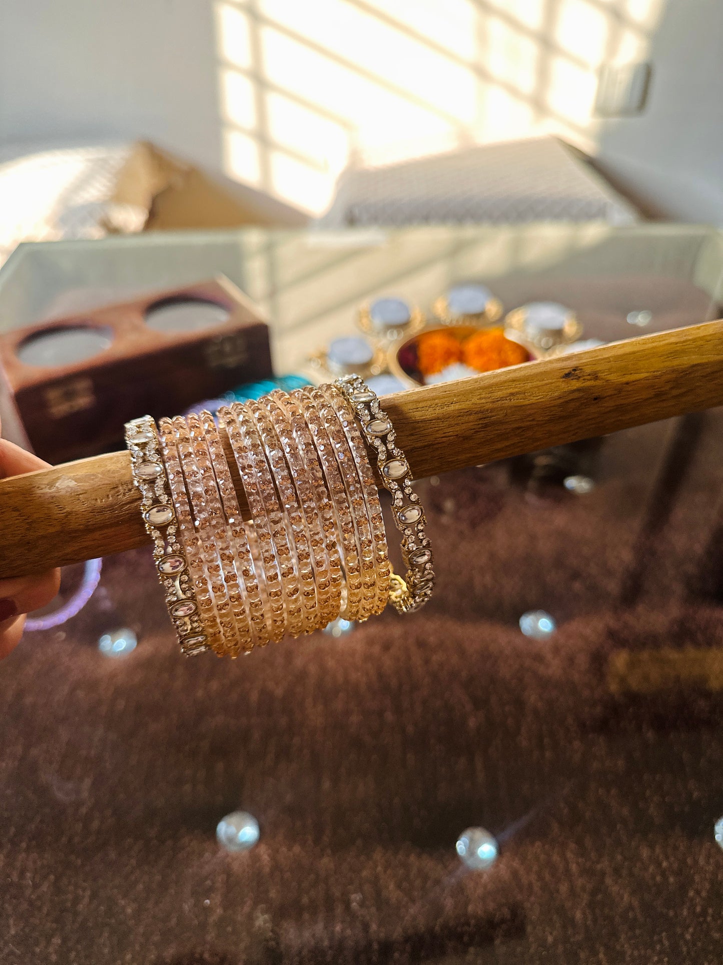 Beige Glass Bangles set (12 pairs with 2 Metal Bangles)