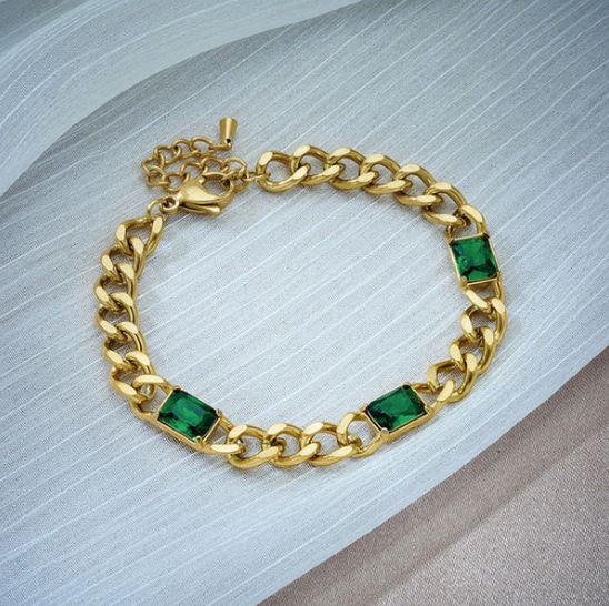The Sylph Band - Stainless Steel Anti Tarnish Green Crystals Cuban Wraparound Bracelet