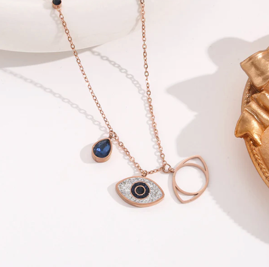 Evil Eye Chain - Stainless Steel Rose Gold Plated American Diamond Studded