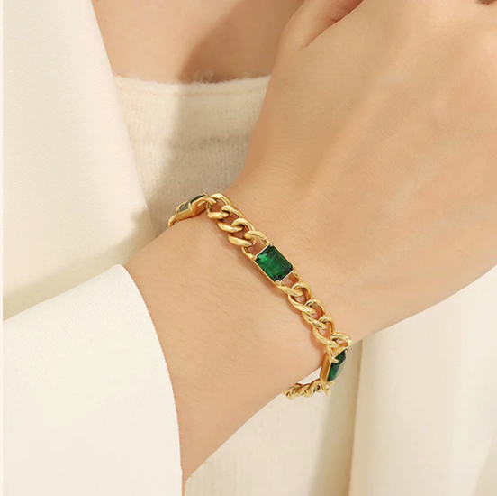 The Sylph Band - Stainless Steel Anti Tarnish Green Crystals Cuban Wraparound Bracelet