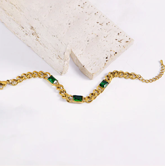 The Sylph Band - Stainless Steel Anti Tarnish Green Crystals Cuban Wraparound Bracelet